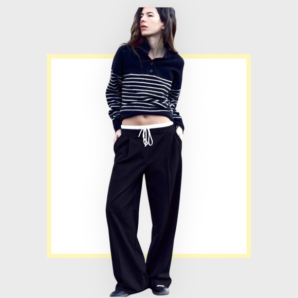 NWOT Zara Black Wide-Leg Drawstring black Pants-large - Picture 1 of 6